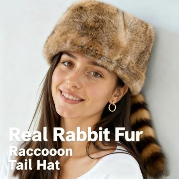 Rabbit Fur Russian Ushanka Trapper Hat Coonskin Tail Retro Winter Warm main image 5